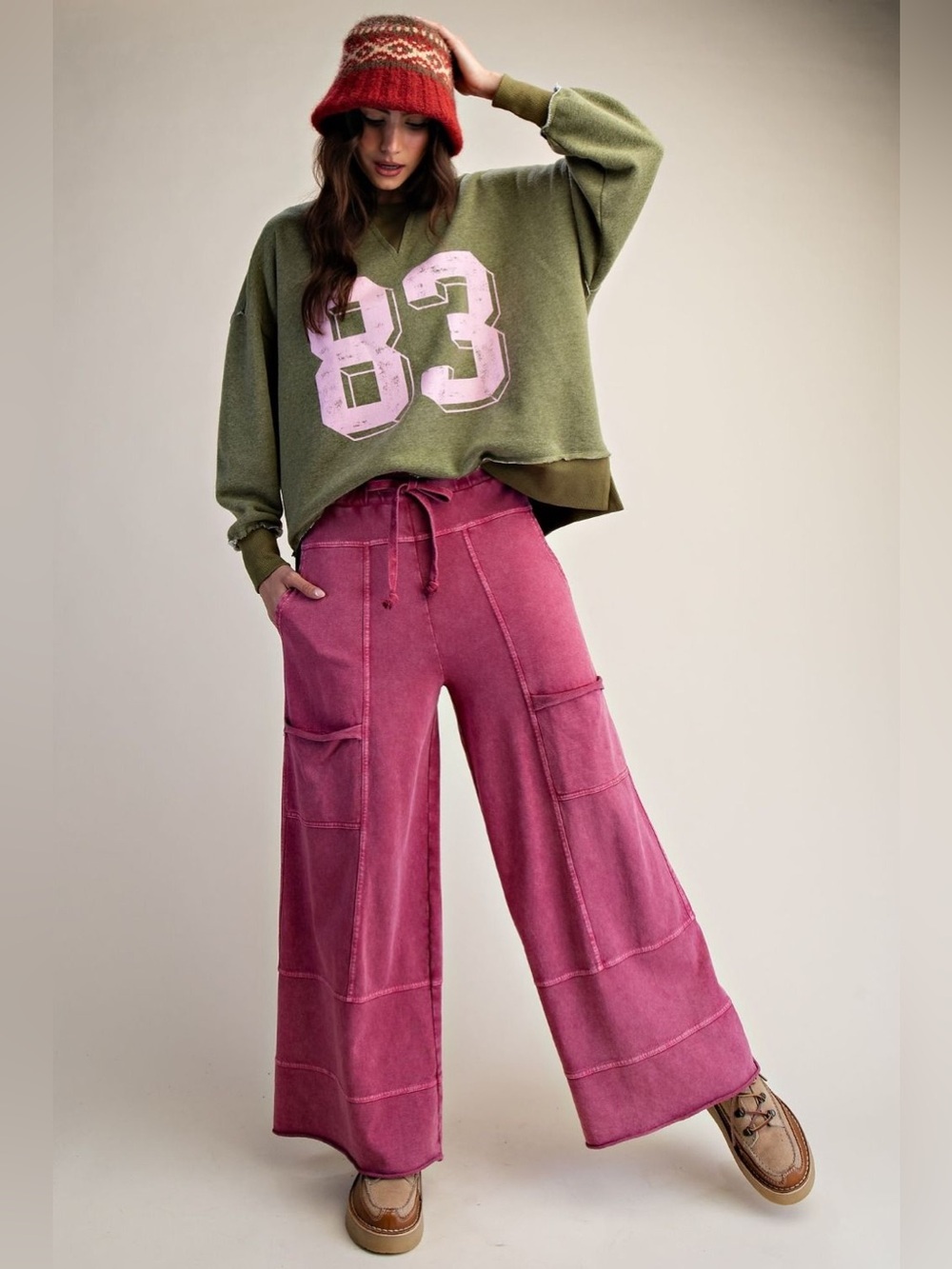 Easel Lazy Days Mineral Washed Wide Leg Pants in Berry EB41308 - Picture 2 of 4